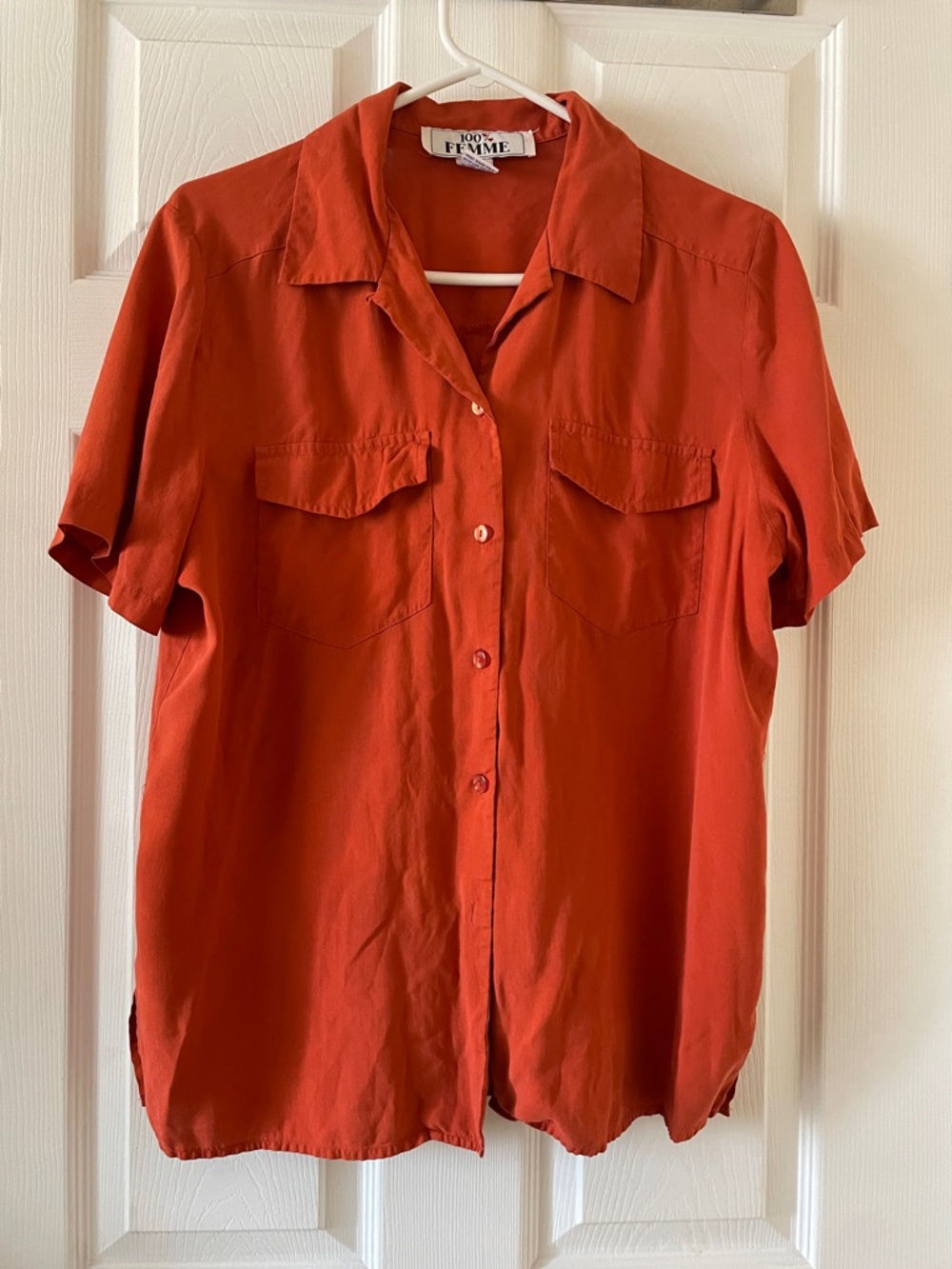 VINTAGE 100% femme orange short sleeved silk blouse button up shirt